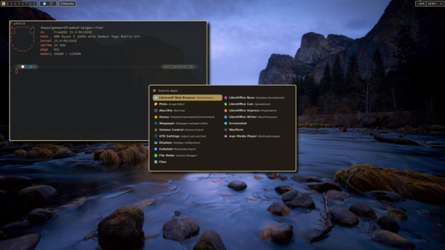 Scrot of a terminal window, rofi and a nice backdrop on the Mango wayland compositor on FreeBSD 15