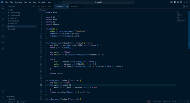 A screenshot of the Advent of Code 2025 Day 01 solve written in vlang in a VSCodium window.