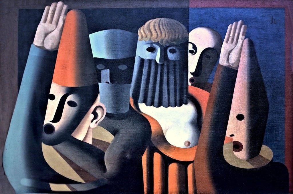 masks. ominous purple, jumbled faces with blank eyes, exposed titty