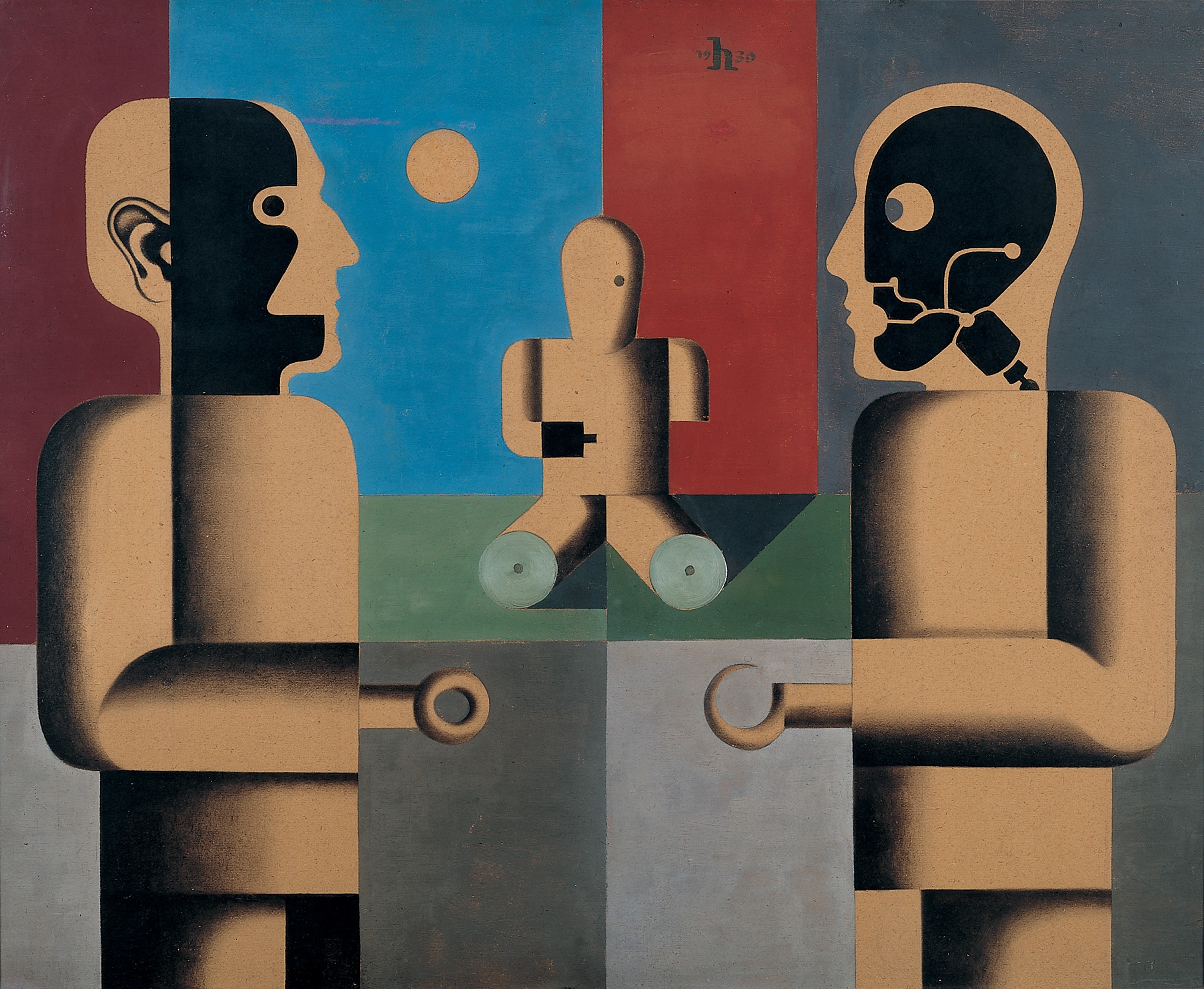 two robots, androids, cyborgs, a third without legs. big sun