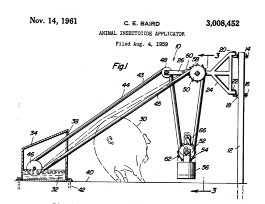 Patent US3008452A depicting the C. E. BAIRD ANIMAL INSECTICIDE APPLICATOR which offers a hog the opportunity for a nice back-scratch from an abrasive belt which also simultaneously applies insecticide.

"It will be appreciated that animals often like to rub or scratch portions of their bodies. Accordingly, the prior art discloses various devices which enables an animal to easily rub its back against a slightly abrasive surface. It has been found desirable to apply insecticide to animals at peri…