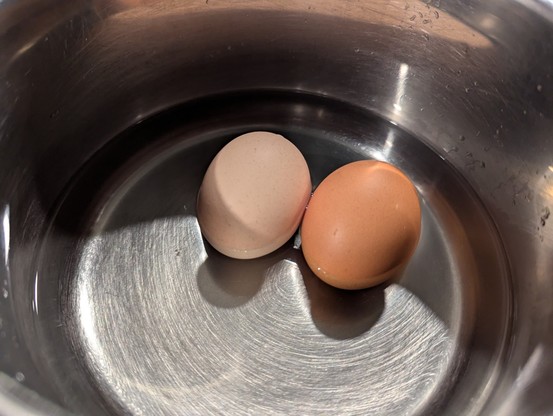 A stainless steel bowl contains two eggs. One egg is light brown, the other is a darker brown. The bowl has a reflective metallic surface with visible water droplets. The eggs are positioned side by side within the bowl.