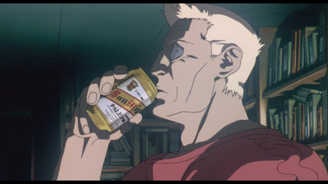 Batou drinking a beer from the Anime "Ghost in the Shell"
