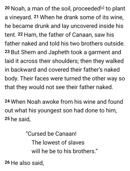 18 The sons of Noah who came out of the ark were Shem, Ham and Japheth. (Ham was the father of Canaan.) 19 These were the three sons of Noah, and from them came the people who were scattered over the whole earth.

20 Noah, a man of the soil, proceeded[a] to plant a vineyard. 21 When he drank some of its wine, he became drunk and lay uncovered inside his tent. 22 Ham, the father of Canaan, saw his father naked and told his two brothers outside. 23 But Shem and Japheth took a garment and laid it …