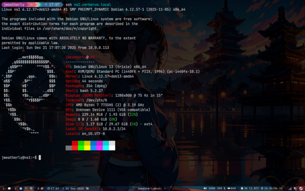 The new DNS server `fastfetch` output showing it running Debian 13 on 2 vCPU and 1 GiB of RAM.
