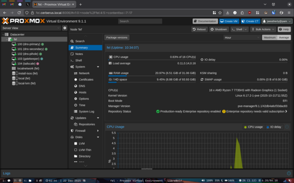 A screenshot of a Proxmox virtualization server with 5 VMs on it running on an 8C/16T AMD CPU with 32GiB of RAM.