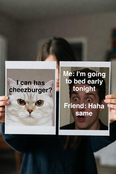 A "person" "holding" two "memes"
One of a cat with a neutral expression with the text "I can has cheezburger" and another of a man looking shocked with the text "Me: I'm going to bed early tonight

Friend: Haha same"