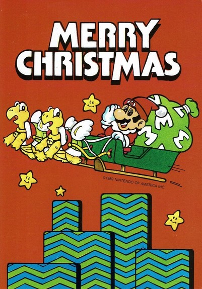 Mario in a sled flying with two paratroopa across the world.