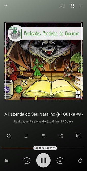 This is an audio player screen displaying a podcast episode. The podcast cover art features a large raccoon character in a brown robe, a smaller green-robed wizard figure, two figurine miniatures (a soldier and a dragon), polyhedral dice (red d20, green d12, yellow d4, white d6), and an open book on a table. In the top-left corner of the cover, there is a circular logo with a raccoon and the text “RPGuaxa.” Above the cover, the title “Realidades Paralelas do Guaxinim” appears in green. Below th…