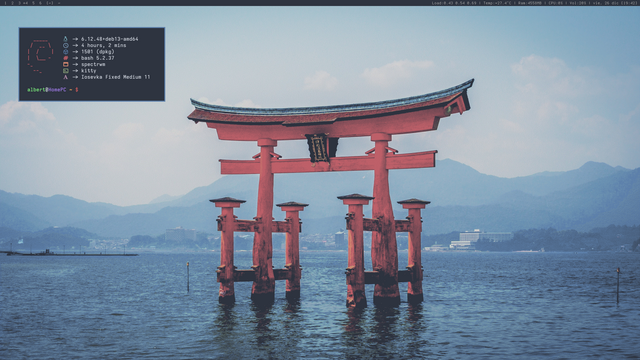 Captura de pantalla la cual se ve como fondo un torii junto a una ventana de consola ejecutando neofetch y mostrando la información del ordenador/sistema.