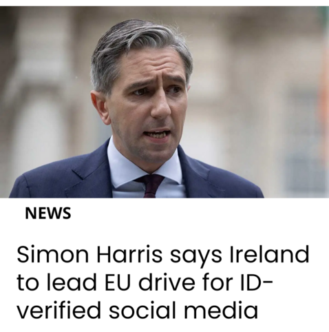 A politician doing its best "concerned human" face with the caption "Simon Harris says Ireland to lead EU drive for ID- verified social media"