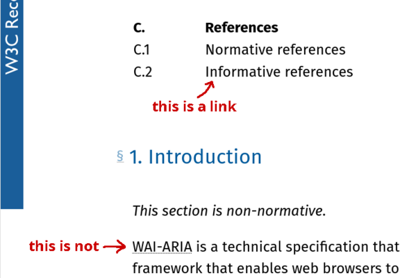A screenshot from a WAI-ARIA W3C Recommendation on accessibility.

The text in table of contents looks like plain text, but is a link. A dotted-underlined text is not a link, but an abbreviation.

I gimped a couple of red arrows and explanations ("this is a link", "this is not") on top.