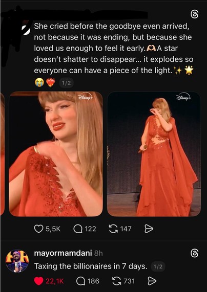 A screenshot of a social media app in dark mode showing two stacked posts. The top post contains a long emotional caption in white text that reads: “She cried before the goodbye even arrived, not because it was ending, but because she loved us enough to feel it early. A star doesn’t shatter to disappear… it explodes so everyone can have a piece of the light,” followed by heart-hands, sparkles, star, crying, and heart-on-fire emojis. Below the text are two side-by-side images from a stage perfor…