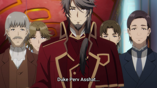 Frame from « The Eminence in Shadow » featuring this guy, and the subtitle « Duke Perv Asshat… »