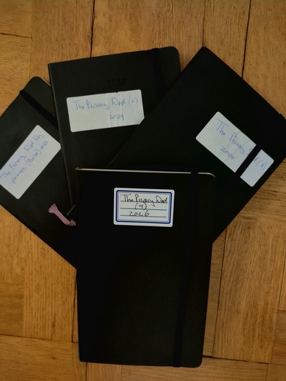 Photo of 4 planning notebooks, one for each year.