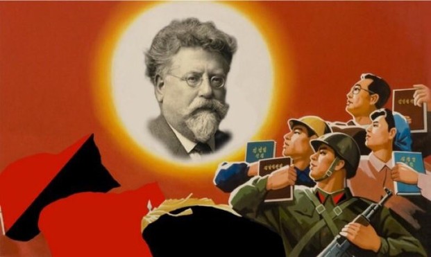 A propaganda-style illustration inspired by Chinese revolutionary posters shows a glowing, sun-like portrait of an elderly, bearded intellectual replacing the usual central leader image, while uniformed soldiers and civilians below look upward holding small books against a red background.