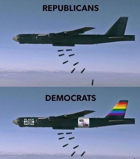 A two-panel political meme showing a military bomber dropping bombs. The top panel is labeled “REPUBLICANS” and shows a plain bomber releasing bombs. The bottom panel is labeled “DEMOCRATS” and shows a similar bomber with a rainbow-striped tail and slogans like “Black Lives Matter” and “Yes We Can,” also dropping bombs, implying a comparison between the two parties using identical imagery.