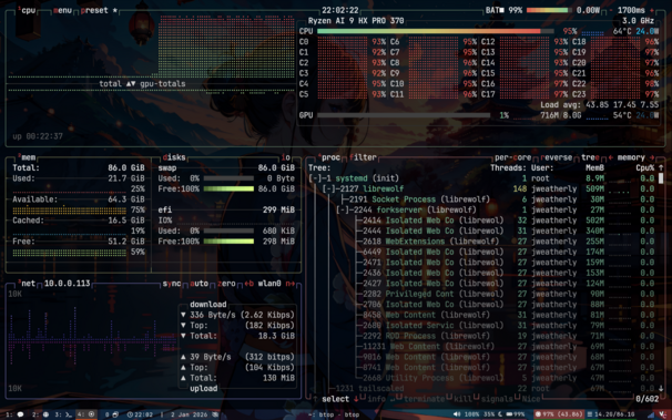 A screenshot of btop showing all of the cores at around 100% as the encode encodes.