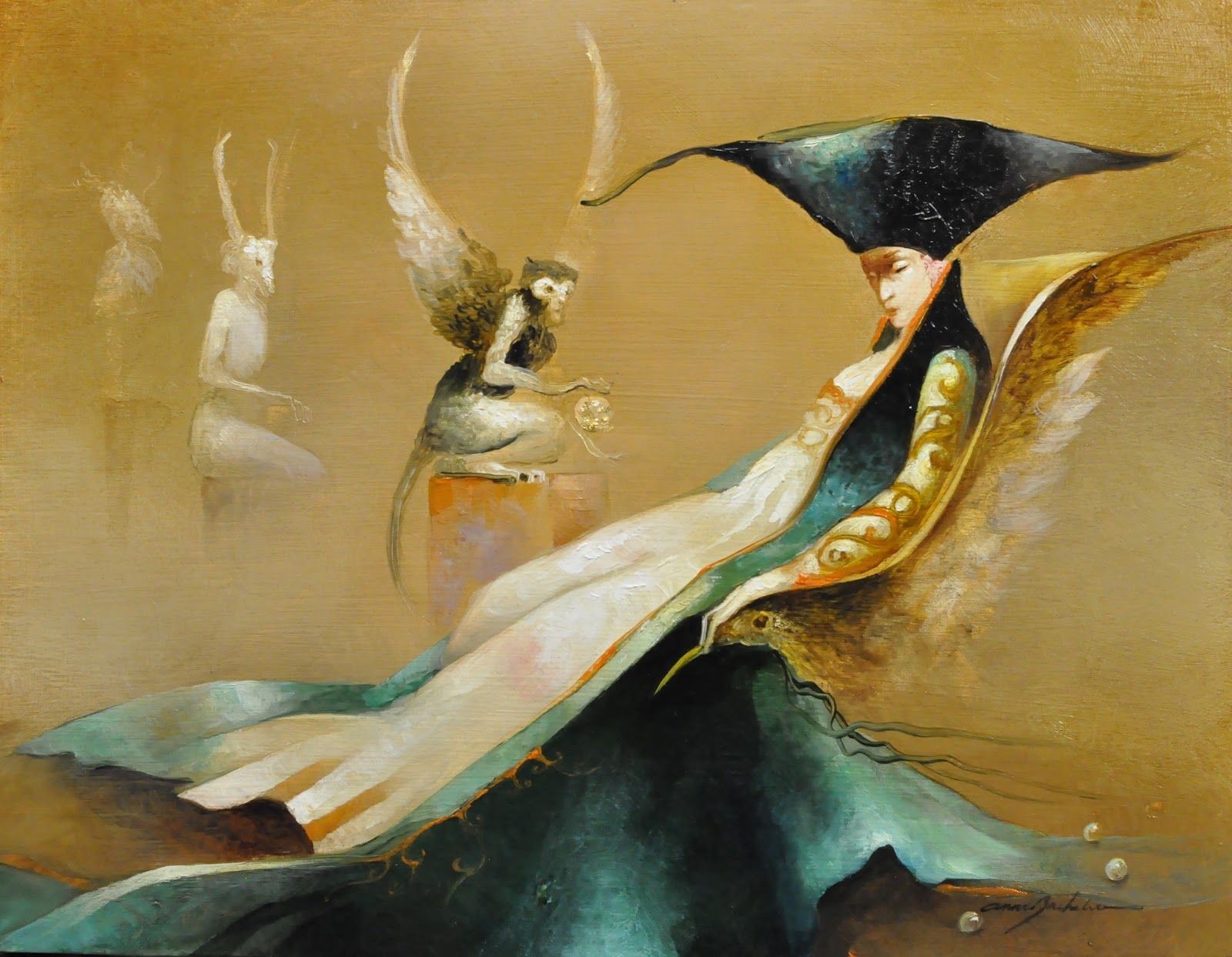 winged monkey on podium beside reclining figure blasted yellow background