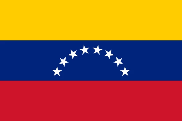 Flag of Venezuela with three horizontal stripes—yellow on top, blue in the middle, and red on the bottom—with a semicircle of white stars centered on the blue stripe.
