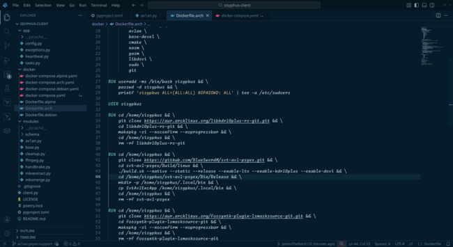 A screenshot of VSCodium showing part of the Dockerfile. Lots of compiling from source, but it works and I'm not poking it with a stick.