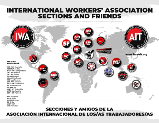 World map graphic titled International Workers Association Sections and Friends showing the global presence of the IWA-AIT, with a grey world map background and red, black, and white circular logos placed over countries in Europe, the Americas, Asia, and Oceania representing member sections and friendly organizations; a list on the left names sections and friends by country including Australia, Serbia, Bangladesh, France, Spain, Brazil, Russia, Norway, Sweden, Indonesia, Slovakia, the UK, Colom…