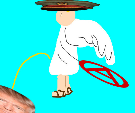 A cartoon angel with wings and a military-style cap floats against a bright blue background, holding a red "A" symbol inside a circle. Below the angel is a disembodied head resembling a well-known public figure.