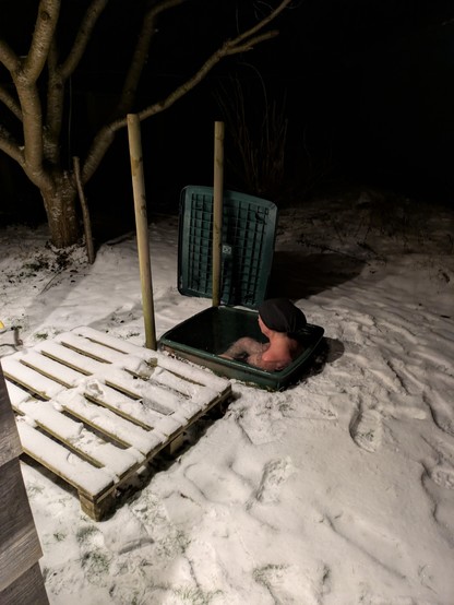 Min kone i isbadekarret efter en tur i vores sauna. Der ligger sne rundt om badekarret.