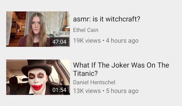 asmr: is it witchcraft? by ethel cain 

next to

What if the Joker was on the Titanic? by Daniel Hentschel