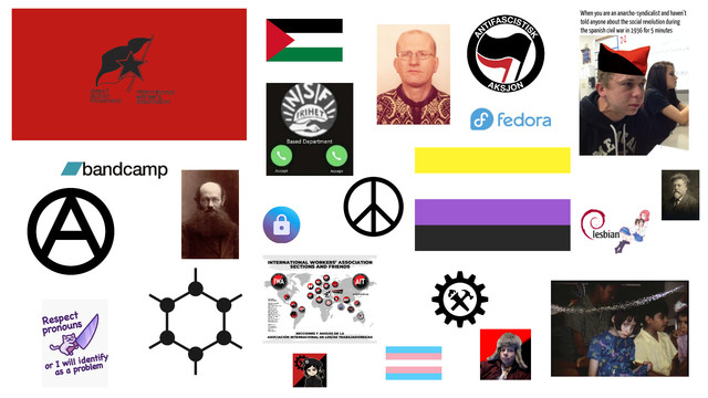 A collage featuring anarchist, LGBTQ+, and antifascist symbols, peace signs, and diverse cultural references, creating a tone of activism and diversity.