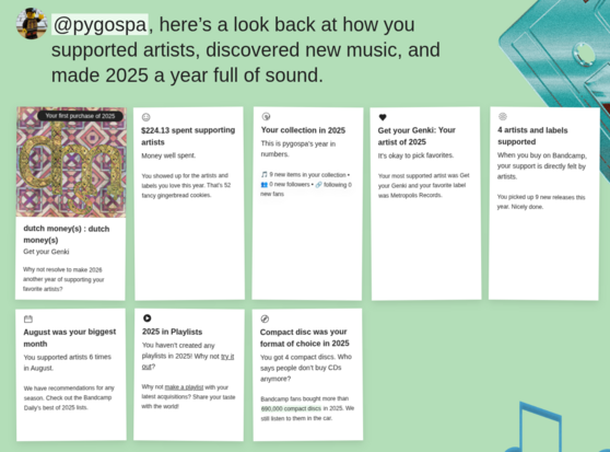 Stats from Bandcamp stating that I:
- bought "dutch monky(s) : dutch monkey(s)" as my first purchase in 2026
- spent $224,13 USD supporting artists on bandcamp
- added 9 new items to my collection
- supported the artist Get Your Genki and the label Metropolis Records the most in 2025
- supported 4 artists and labels
- spent the most in August (6 times)
- haven't created any playlist in 2025
- got four Compact Discs making it the most chosen format in 2025