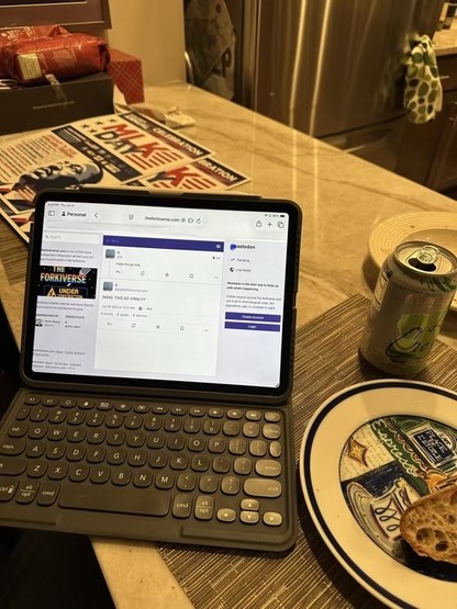 An ipad viewing a Mastodon instance web site, on a kitchen counter near a plate with a slice of bread and a LaCroix can