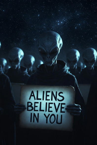 An AI slop image of a bunch of aliens with one holding a sign saying "aliens believe in you"