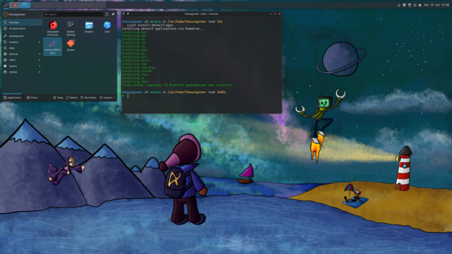 Scrot of Aurorix Saigon, my opinionated take on Aurora KDE, showing a menu and a terminal window with installed cli tools.