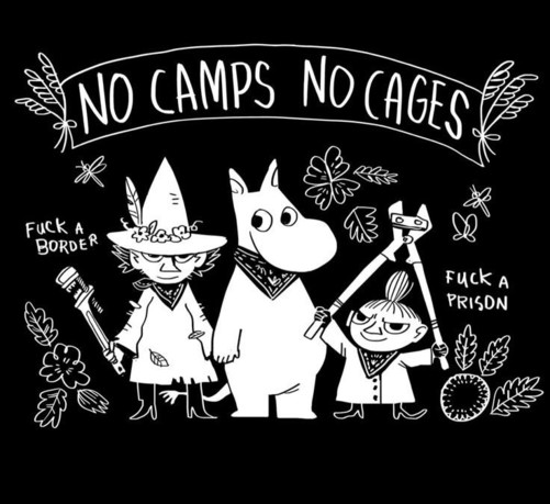 Black-and-white illustration of Moomin characters Little My, Snufkin, and Moomin standing together against a black background. Moomin is in the center, tall and round, holding a raised stick or staff, with Little My on the right holding a tool and smiling mischievously, and Snufkin on the left wearing his hat and holding another tool. Above them is a curved banner reading NO CAMPS NO CAGES, with leaves, flowers, and small decorative elements around the figures. To the left of the group is the t…