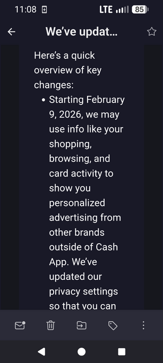 A screenshot of an email from Cash App explaining an overview of changes to their privacy policy.