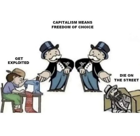 Cartoon showing two rich men in top hats labeled “Capitalism means freedom of choice,” gesturing toward two options: a factory worker labeled “Get exploited” and a homeless man labeled “Die on the street.”