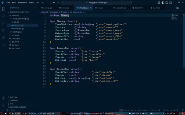 A screenshot of the Ffmpeg structures in Golang that will store job information and be used to construct command-line arguments.