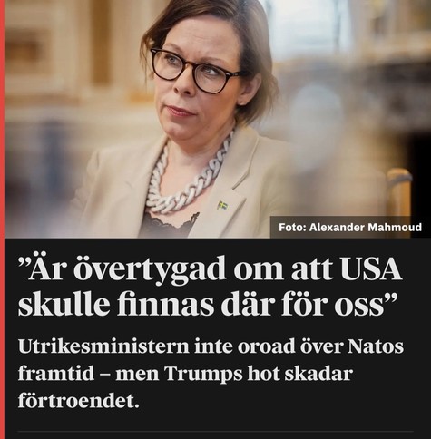 Skärmdump från DN där utrikesministern säger sig vara säker på att USA skulle 'finnas där' för oss om vi behöver hjälp.