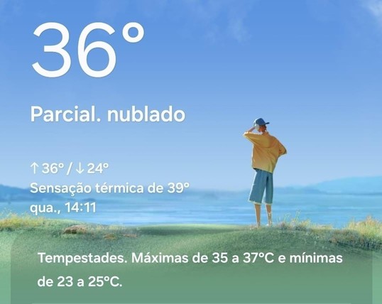 Tela de um app de meteorologia, mostrando temperatura de 36 graus e sensação térmica de 39.