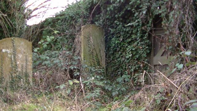 an overgrown doorway in a high graveyard wall