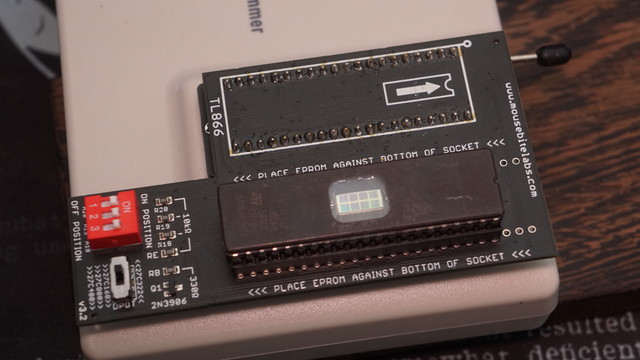 A close-up picture of the MouseBiteLabs TL866 EPROM adapter installed in the GQ-4x4 programmer.