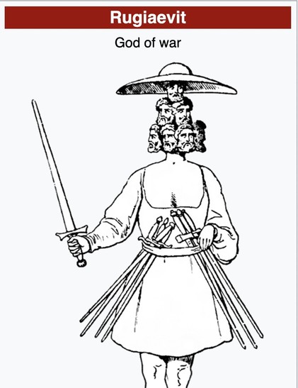 rugiaevit god of war many heads many swords wide hat dress