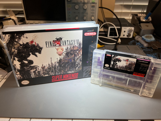 A picture of the box and cartridge for the custom FF6 SNES game.
