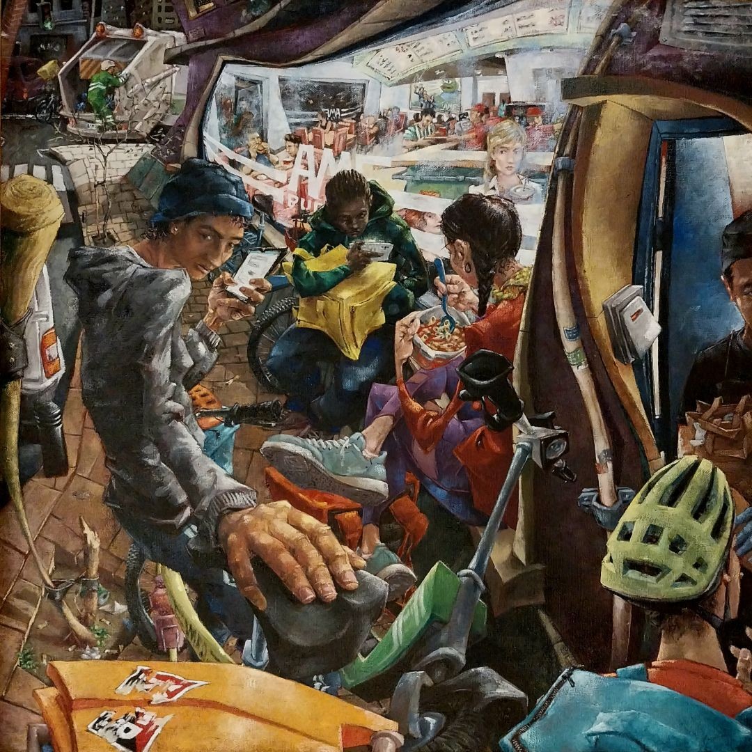 "Esquilones de plata, bueyes rumbones" Oil painting. Expressionist. Night urban landscape, a genre scene.
A bunch of delivery riders (bikes and scooters parked by their side) waiting for their orders outside a diner's window while customers enjoy their meals inside.
One is eating from a tupperware, another one is picking a bag from a cook at the staff entrance, and two of them got their phones in their hands, but while one is watching it, the other looks away from the device to confront the viewer.
A dump truck at the background, with the number 1312 on its plates.