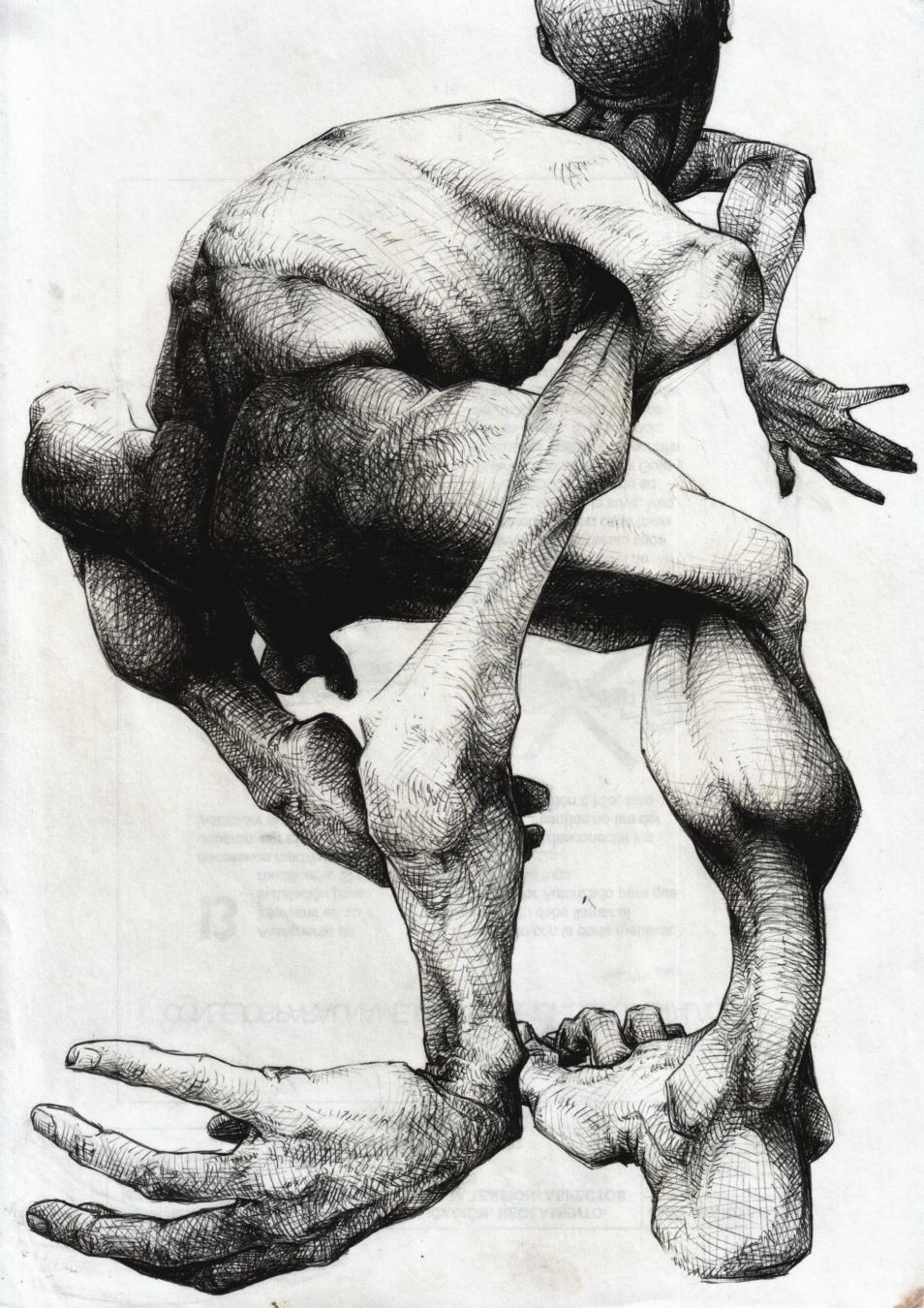 Ballpoint pen figure drawing. Shapes and perspective slightly distorted in a vaguely Schiele-like way, a naked male body seen from behind in a really exaggerated pose