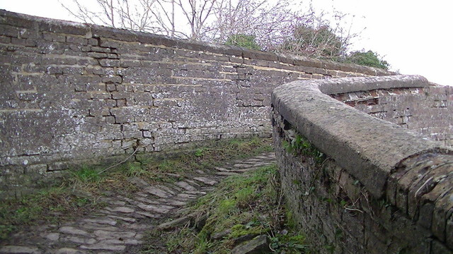 a cobbled towpath going over a bridge thats part of a road bridge tho its more of a footpath or horse path even. for horse to change sides of cut.