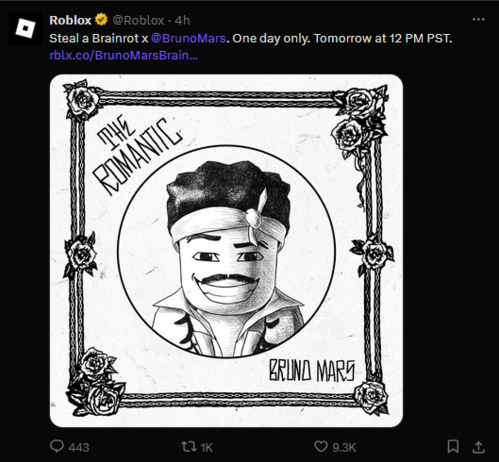 roblox: Steal a Brainrot x Bruno Mars. One day only. Tomorrow at 12 pm est