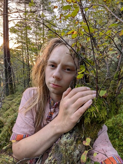 A person with long light hair rests their cheek and hand against a moss-covered tree trunk in a forest, surrounded by thin branches and green-yellow leaves, with soft evening light filtering through the trees.