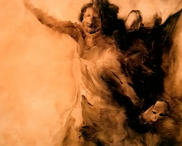 smoky painted people rush by, view gets eaten by plague doctor mask eye